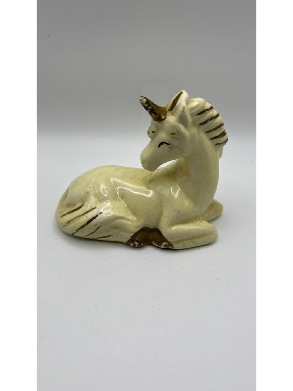 Vintage Ceramic Unicorn Figurine Cream & Brown Lying Down Sculpture